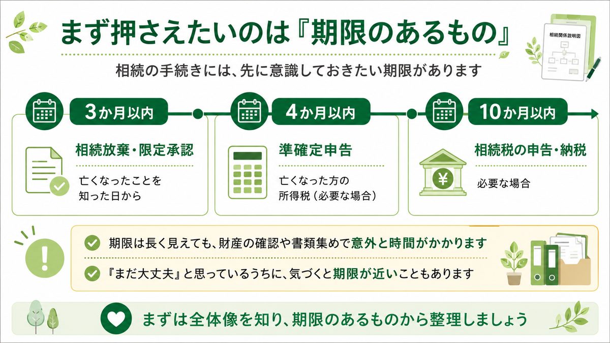 相続手続きの期限:相続放棄3か月・準確定申告4か月・相続税申告10か月