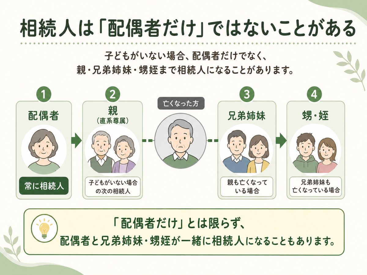 相続人の範囲：配偶者は常に相続人、次に親→兄弟姉妹→甥・姪へ広がる