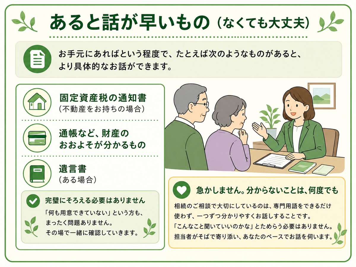 あると話が早いもの:固定資産税の通知書・通帳・遺言書(なくても大丈夫)